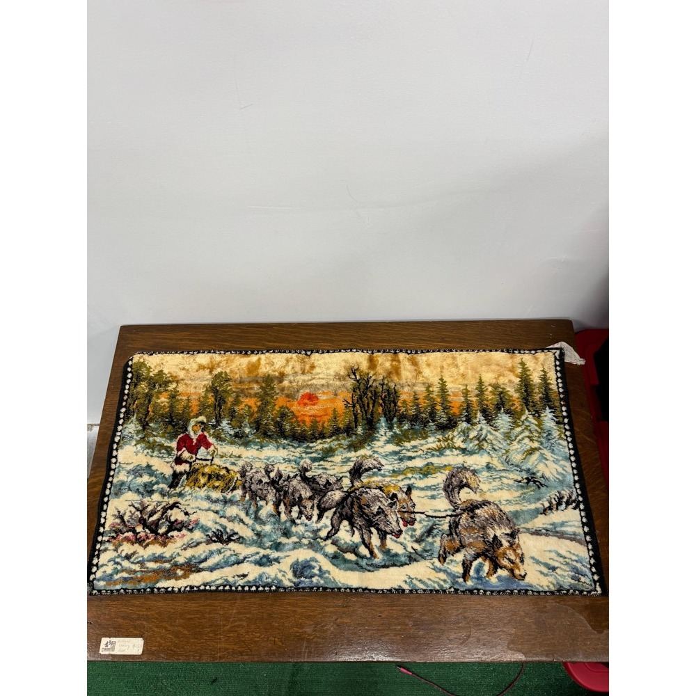 Vintage 1965 Italian Sled Dog Wall Tapestry Rug Winter Sunset Scene Italy Art